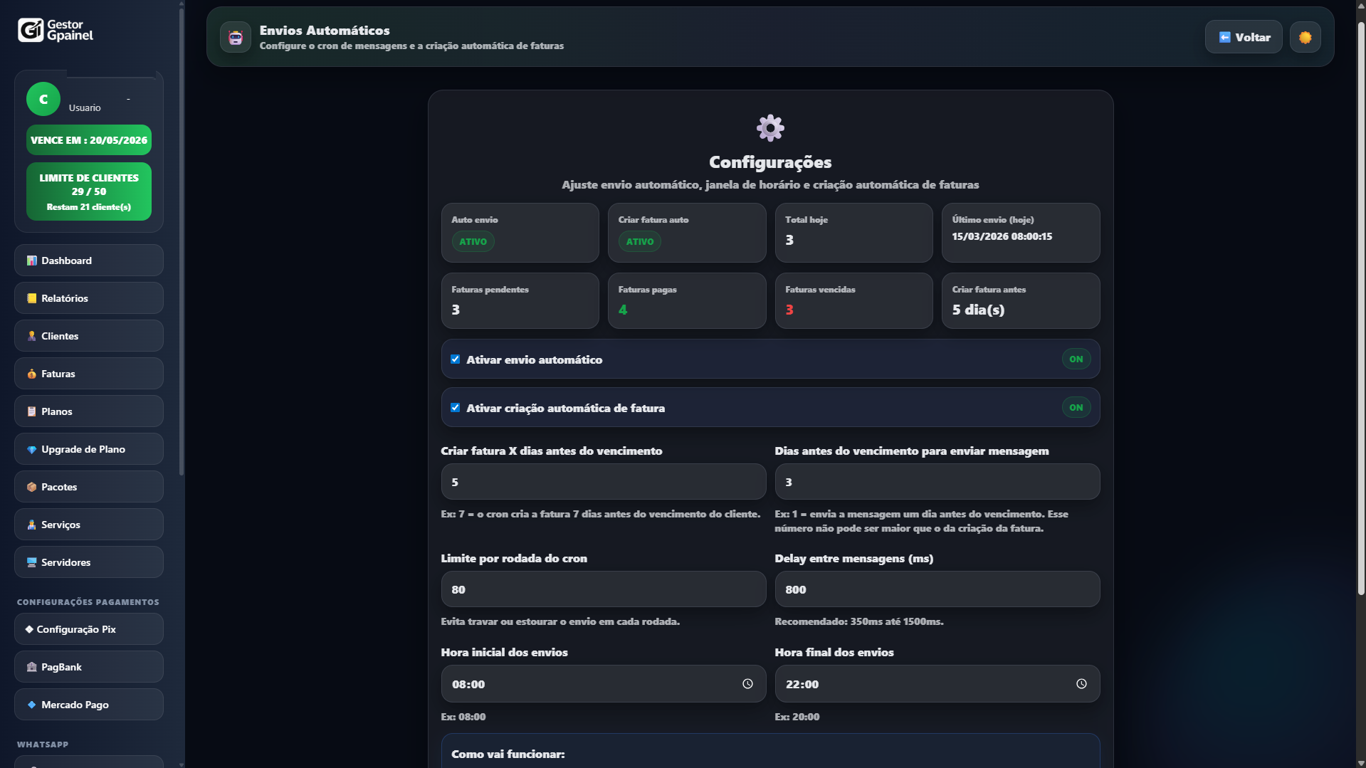 Tela de configuração de envios automáticos e criação automática de faturas