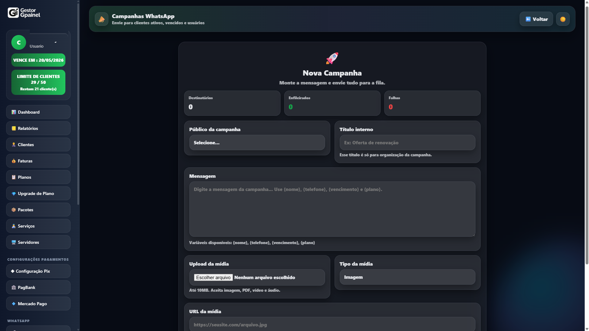Tela de campanhas WhatsApp com segmentação, mensagem e envio com mídia