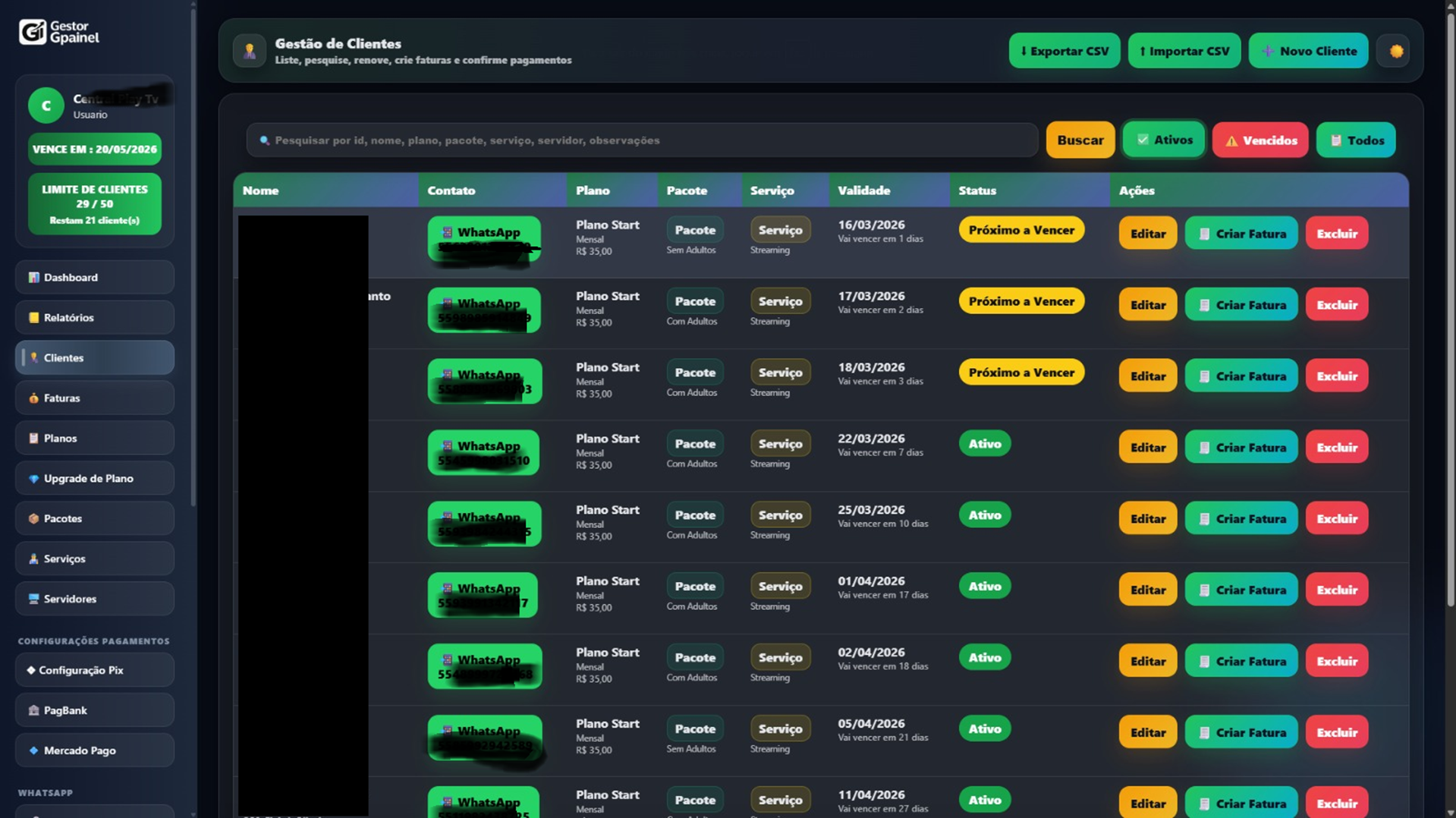 Tela de gestão de clientes com cadastro, status, vencimento e criação de faturas