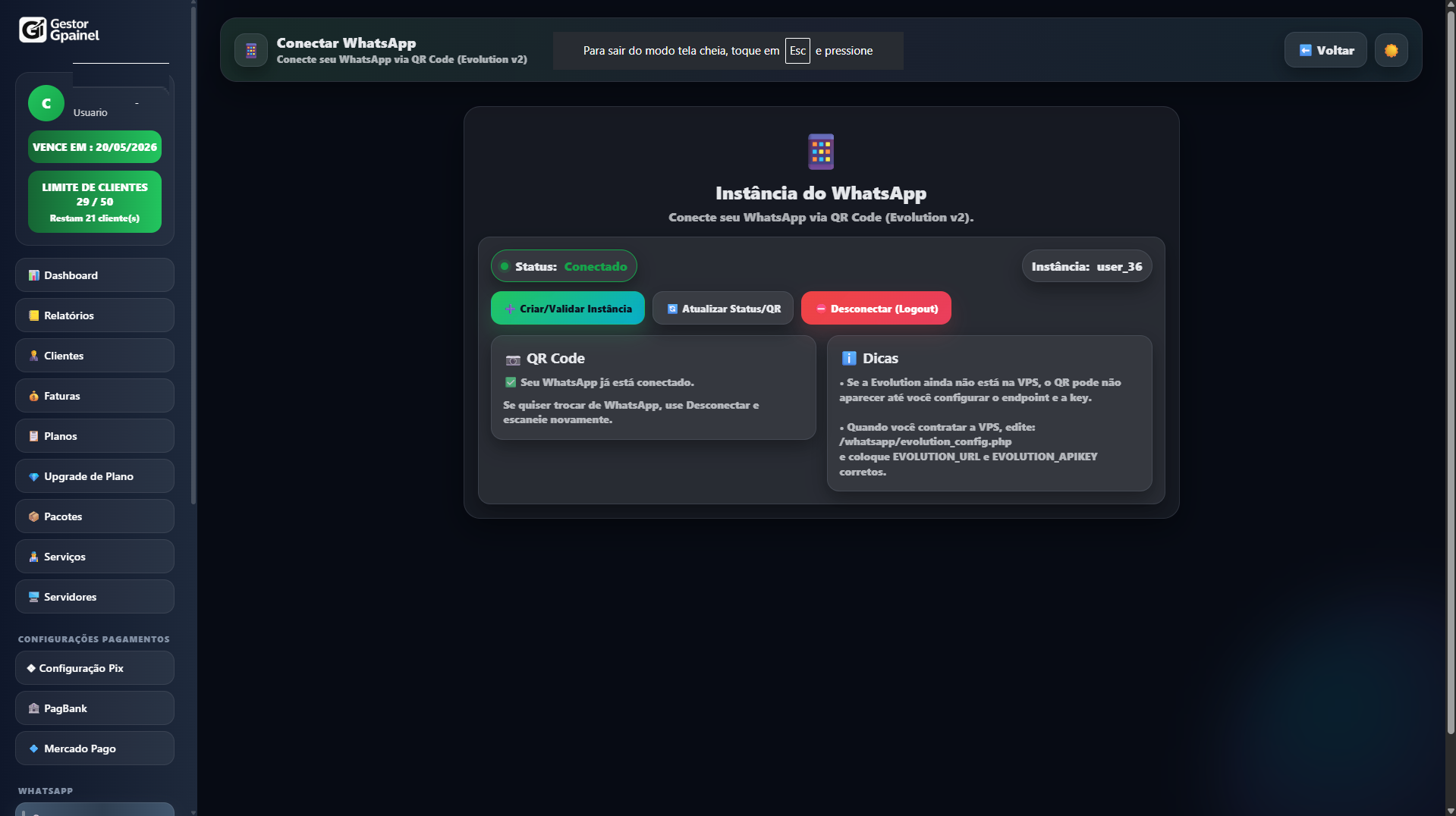 Tela de conexão do WhatsApp com QR Code e integração para notificações automáticas