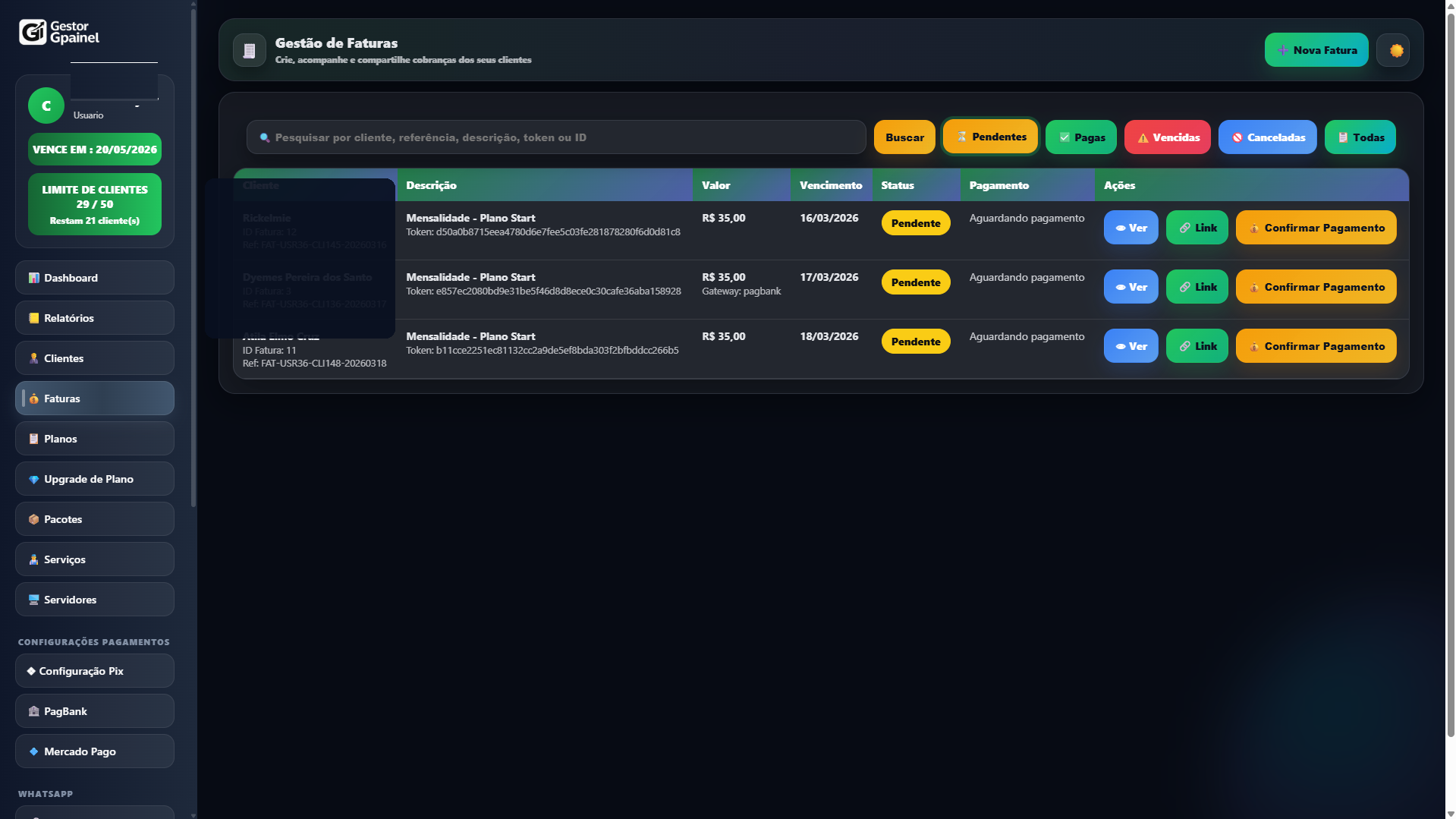 Tela de gestão de faturas com pesquisa, status, pagamento e confirmação manual