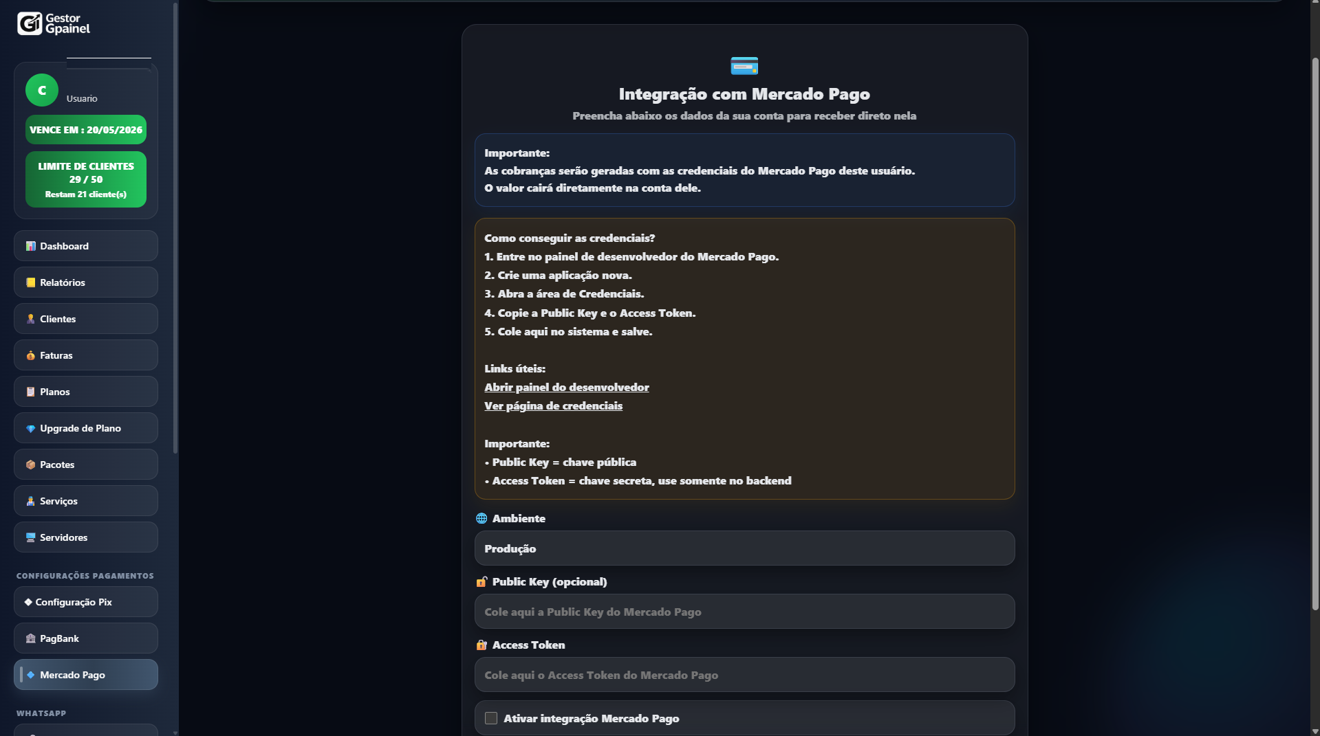 Tela de integração com Mercado Pago para configurar credenciais e recebimento automático