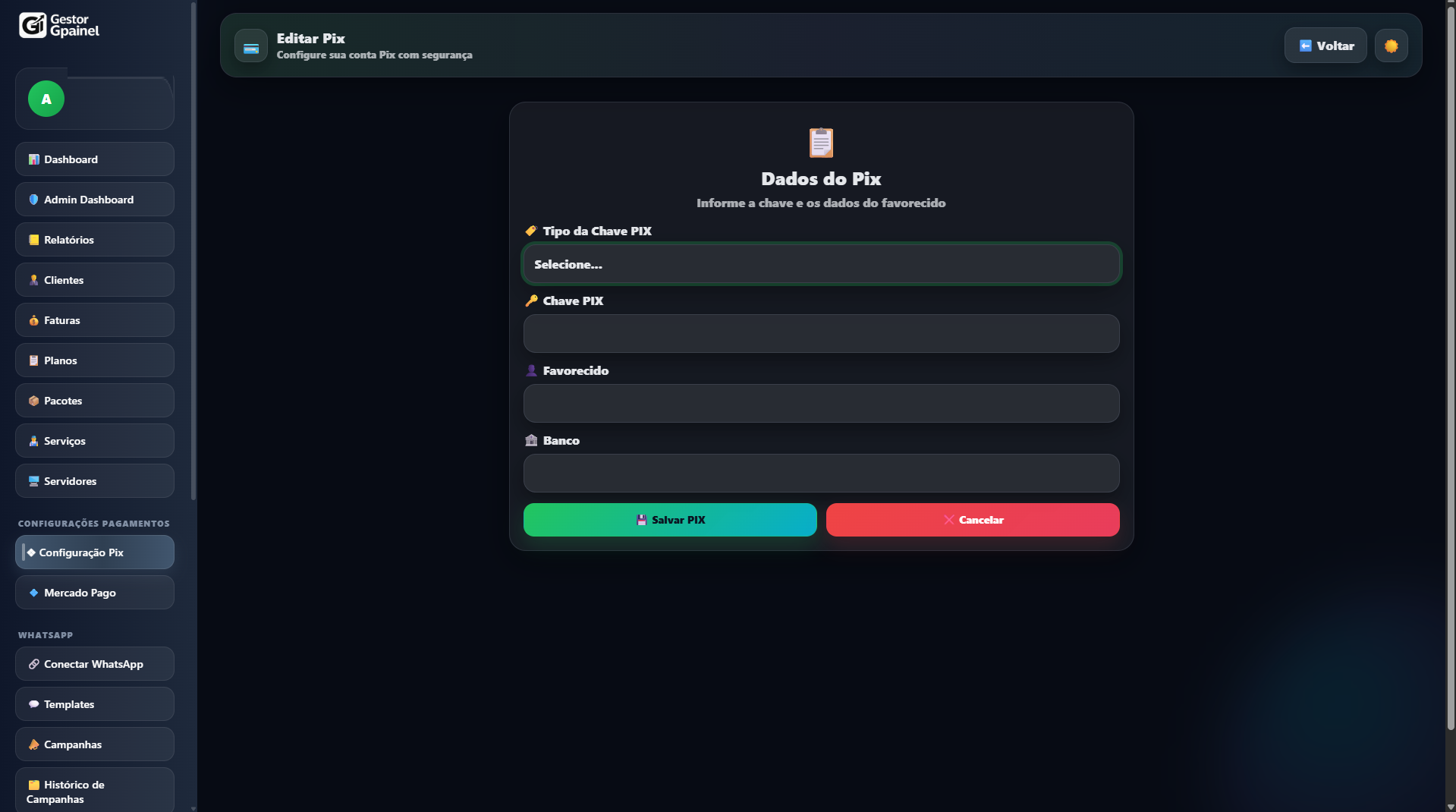 Tela de configuração de PIX com chave, favorecido e banco no sistema