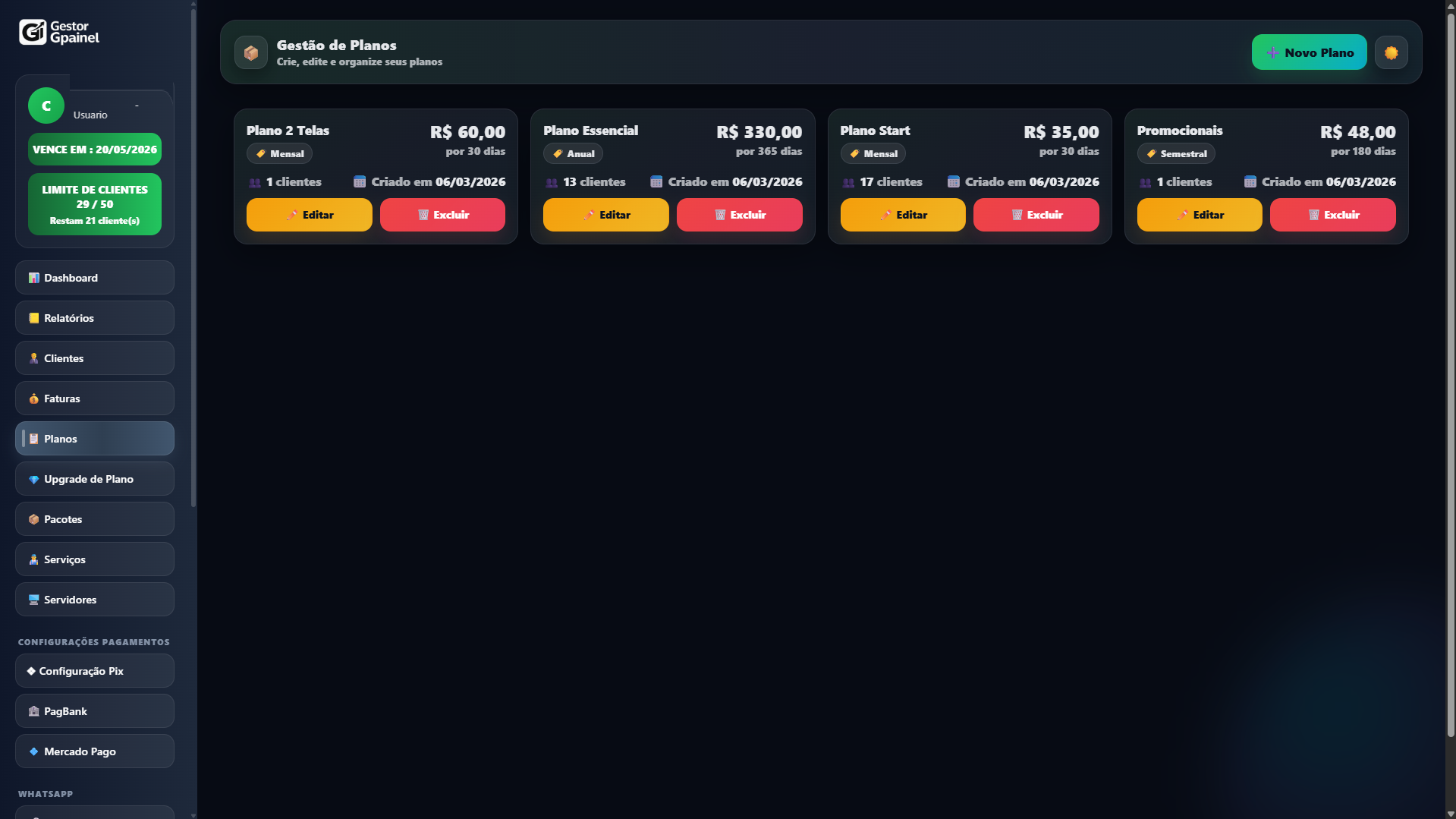 Tela de gestão de planos do sistema com preços, periodicidade e organização dos planos