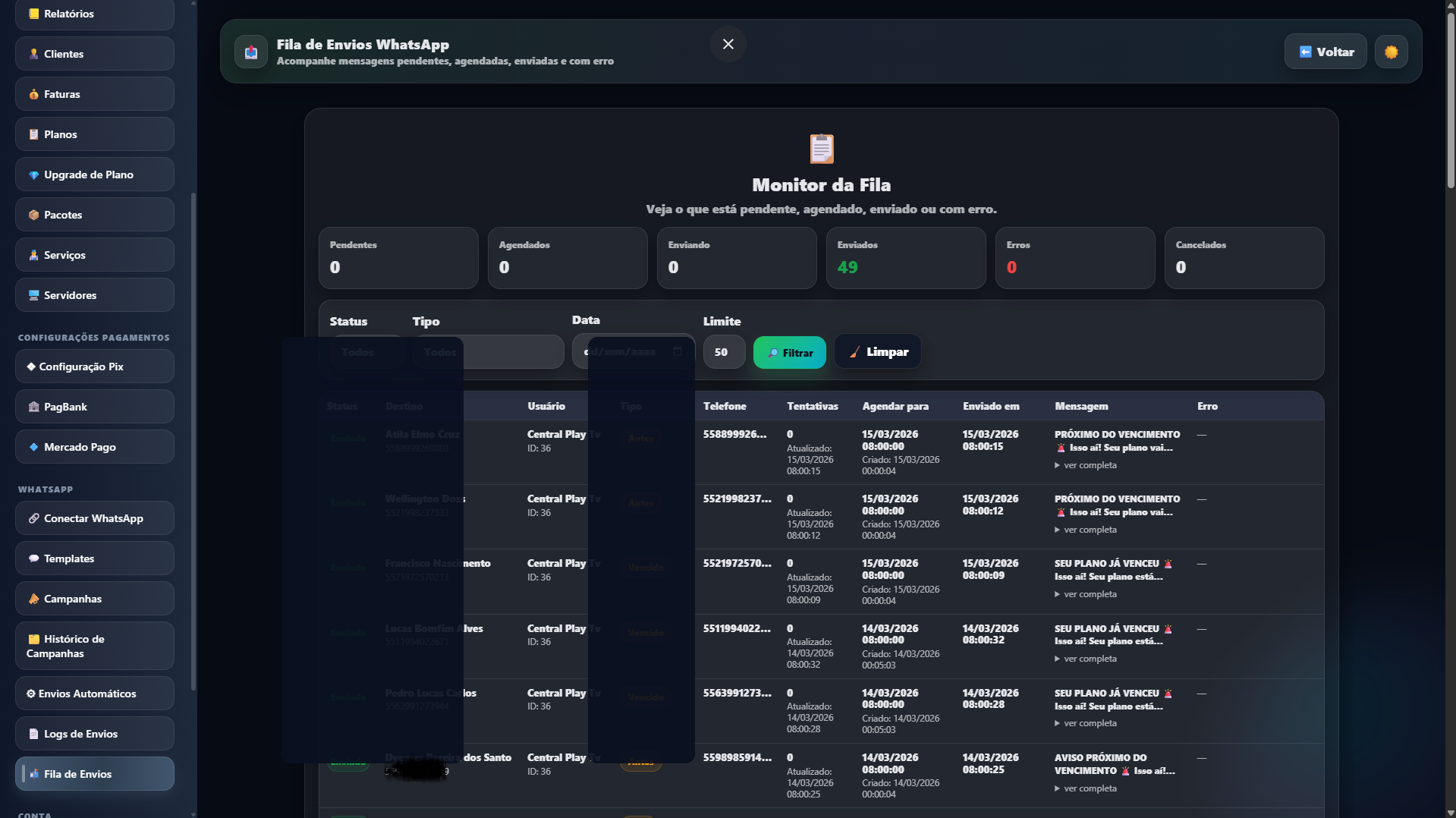 Fila de envios WhatsApp com histórico de mensagens automáticas e status de envio